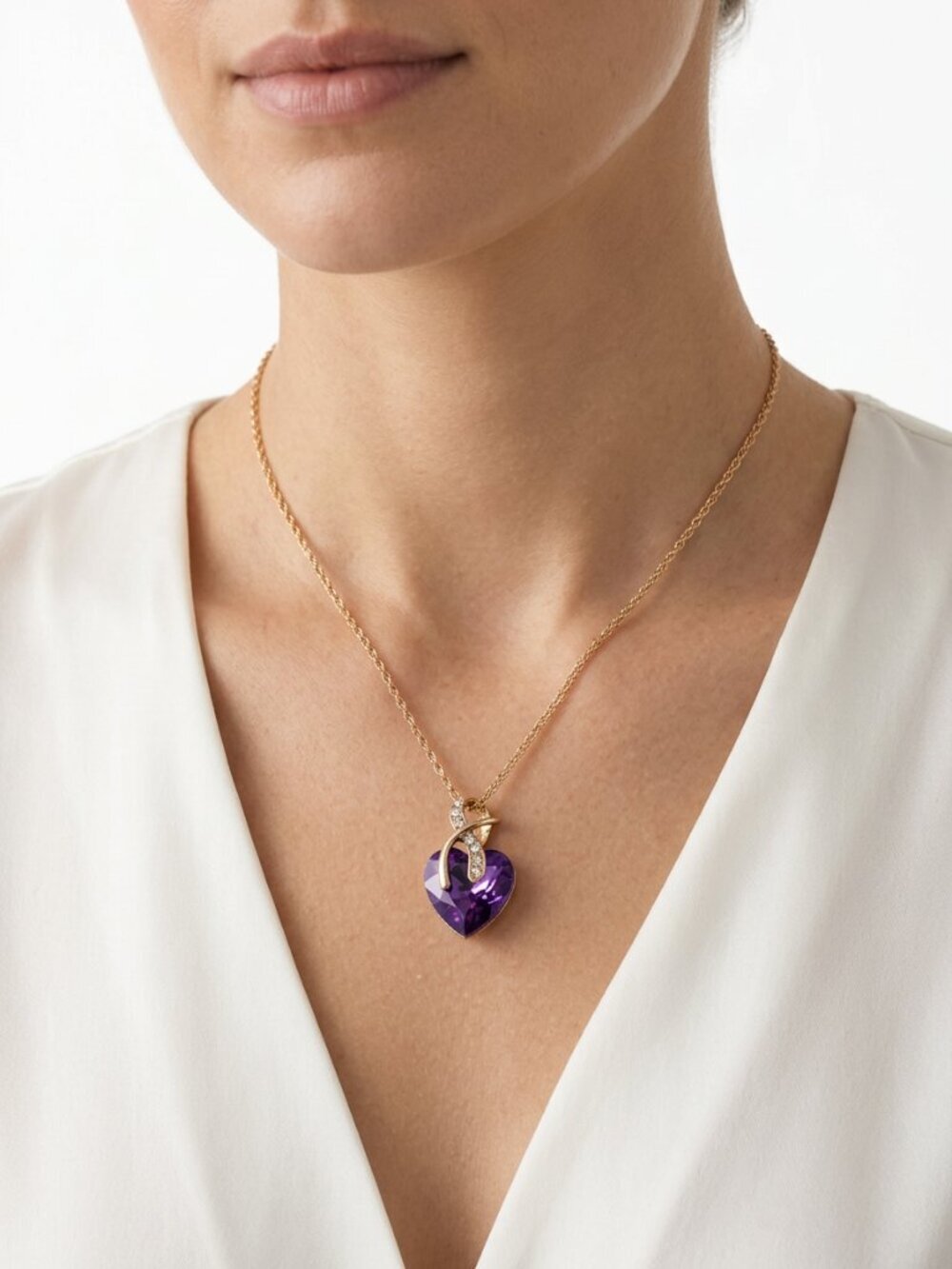 Gold Tone Purple Faceted Crystal Heart Necklace - Rhinestone Ribbon Bail Bb18 - Picture 3 of 7